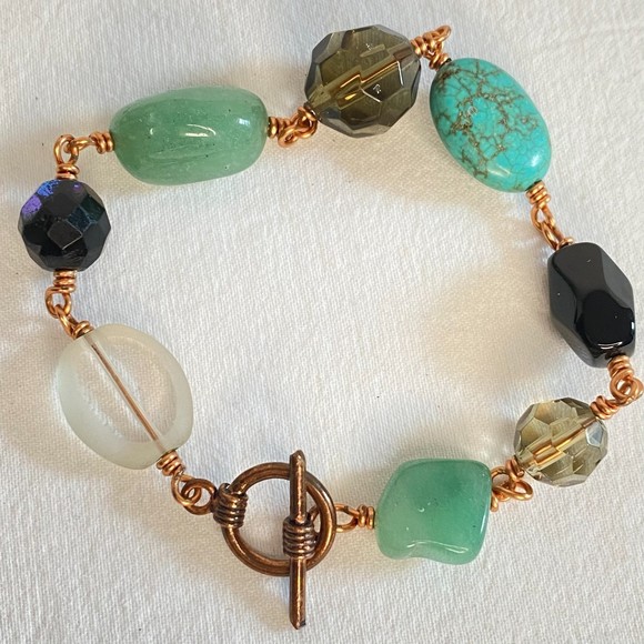 Copper Chain Bracelet Multi Shape Multi Color Stone With Toggle Clasp - Picture 2 of 6